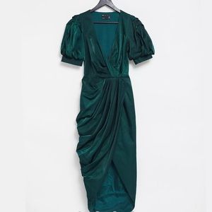 ASOS DESIGN Tall structured drape wrap midi dress with puff sleeve detail